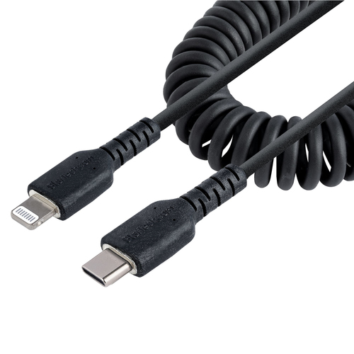 STARTECH.COM 50cm USB C auf Lightning Kabel spiralkabel MFi-zertifiziert Schnellladekabel für iPhone/iPad schwarz USB C 2.0